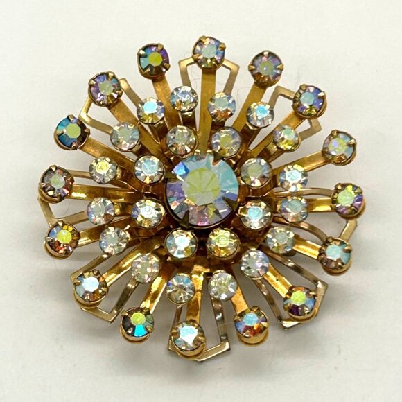 Estate Jewelry - Vintage Aurora Borealis Brooch Gold-Tone Rivet Set 1960s Starburst Atomic 2 inch